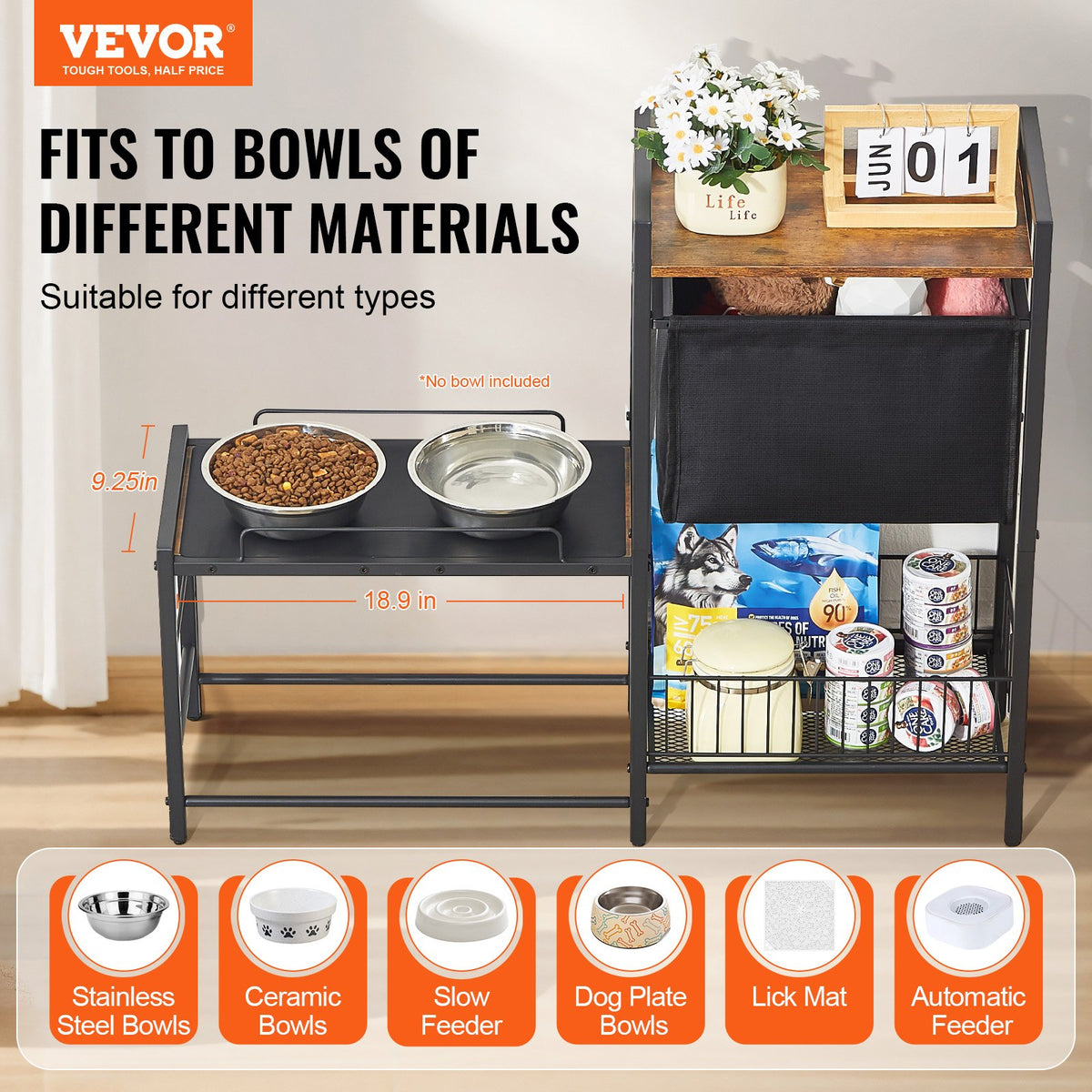 Dog feeding station with raised bowl shelf and storage