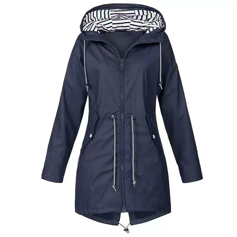 Women's hooded rain jacket with drawstring waist