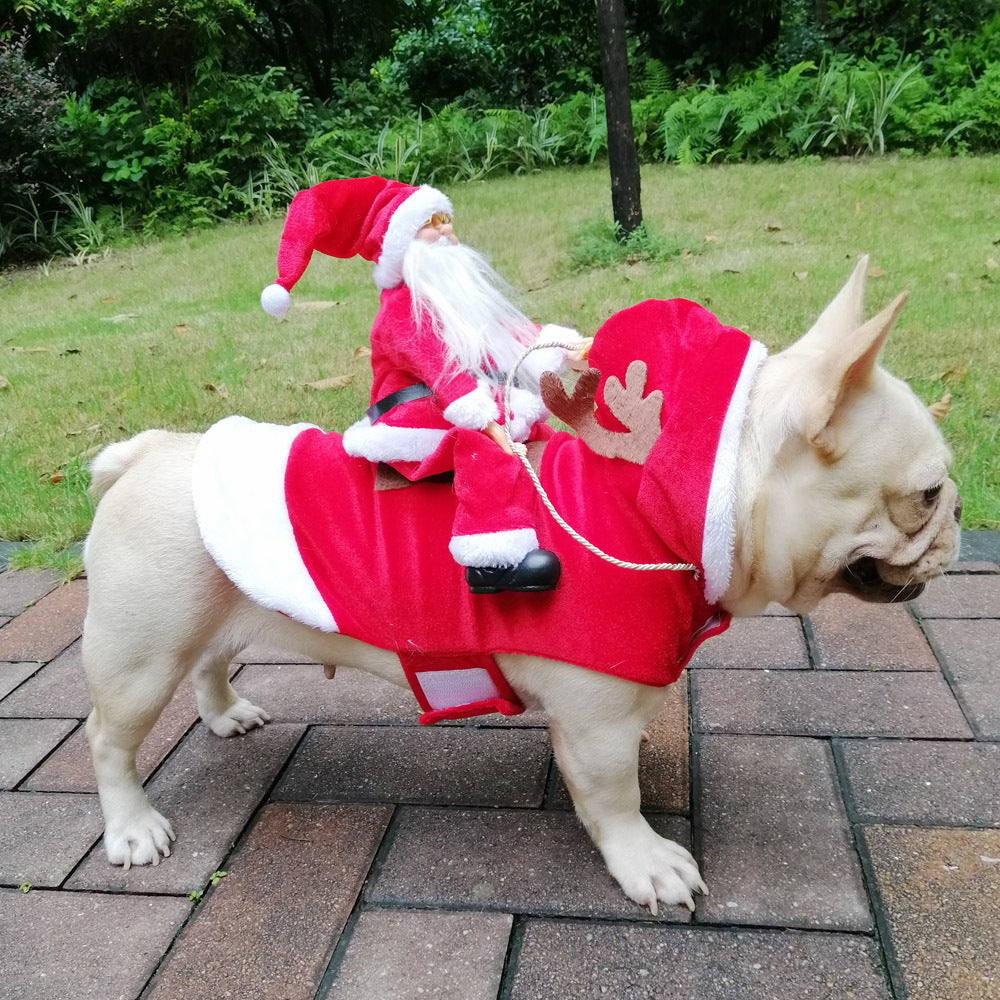 Bulldog wearing a red Santa rider costume with a toy Santa on its back