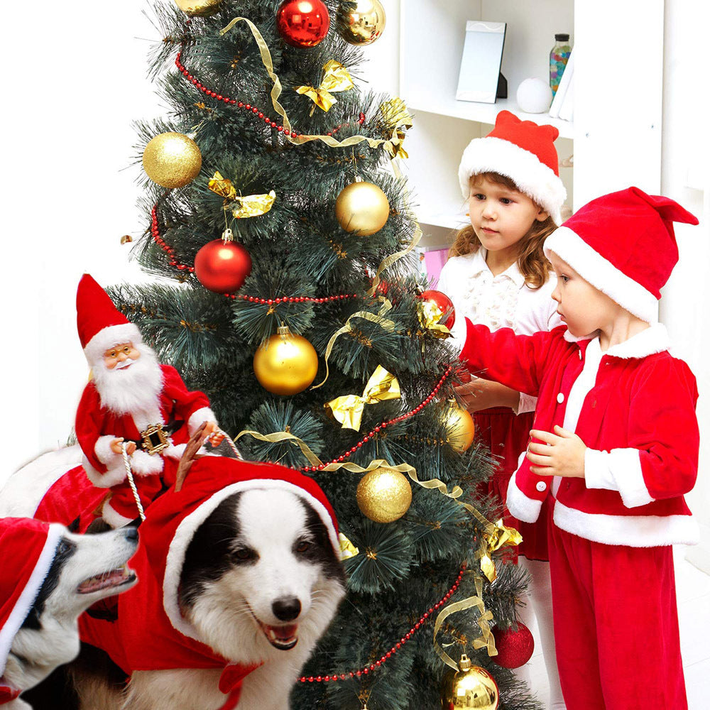 Bulldog wearing a red Santa rider costume with a toy Santa on its back