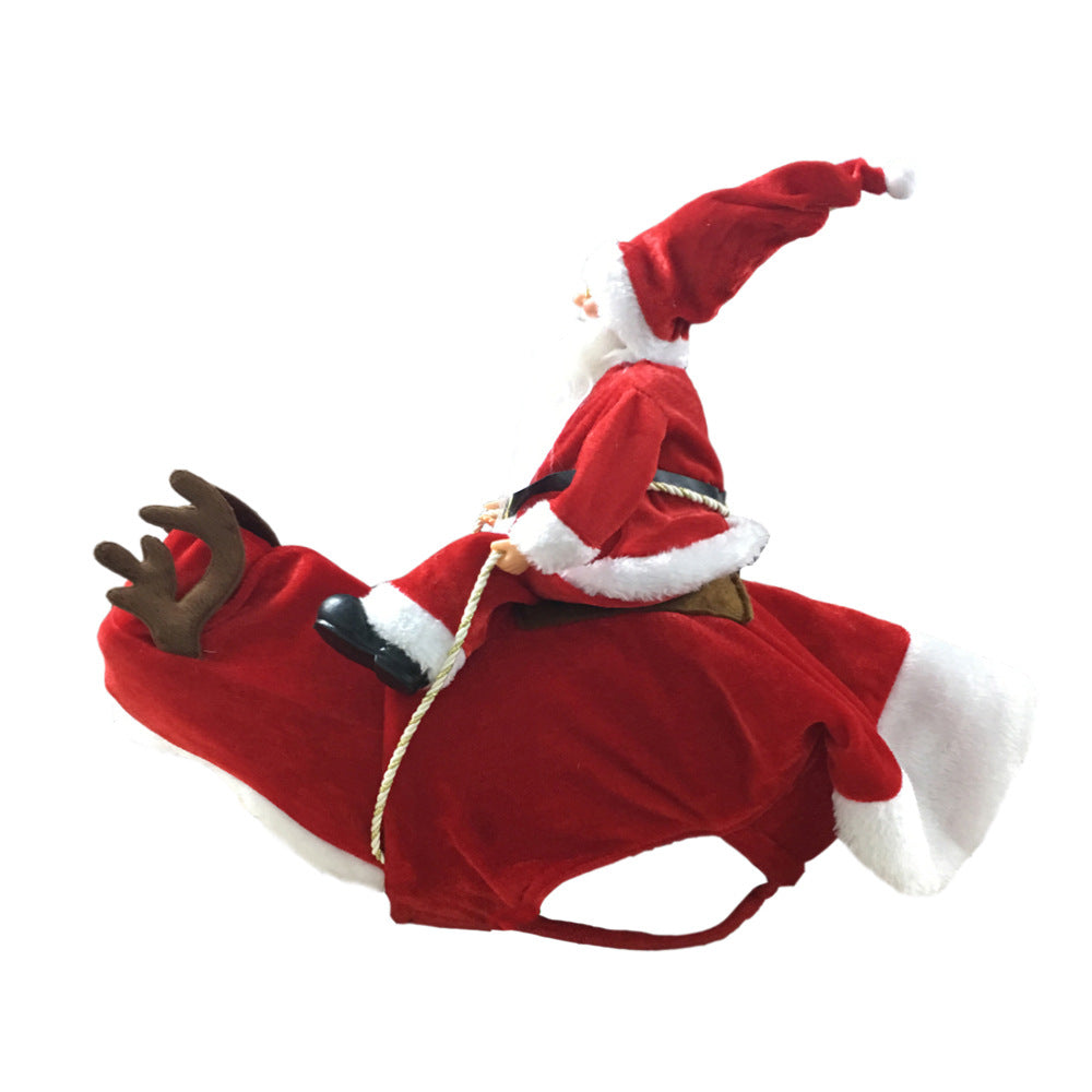 Bulldog wearing a red Santa rider costume with a toy Santa on its back