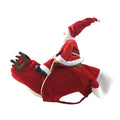 Bulldog wearing a red Santa rider costume with a toy Santa on its back