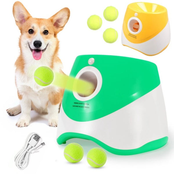 Automatic dog ball launcher throwing a ball to a jumping dog