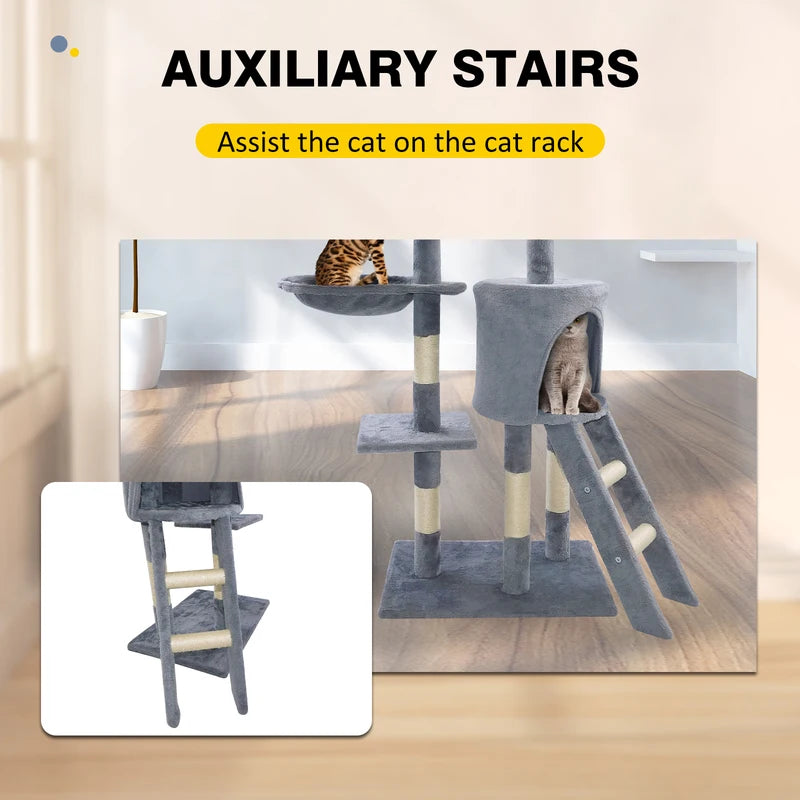 Grey 140 cm cat tree with cave, hammock and scratching posts