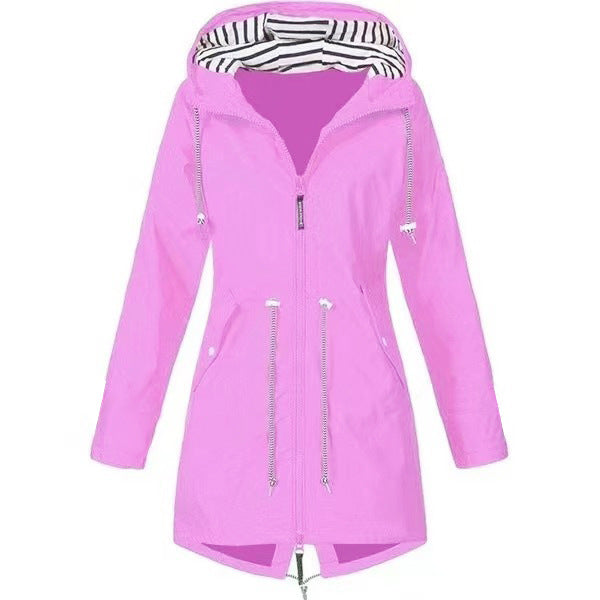 Women's hooded rain jacket with drawstring waist