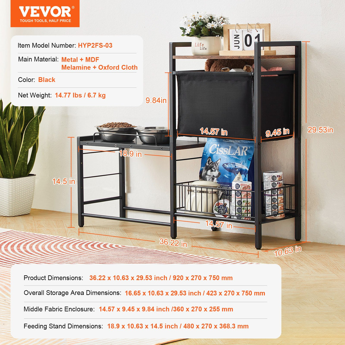 Dog feeding station with raised bowl shelf and storage