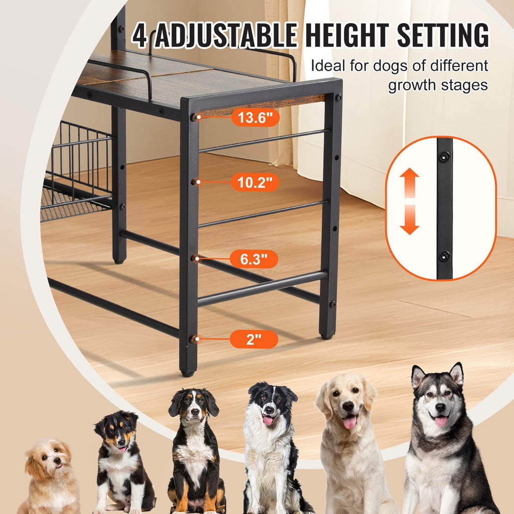 Dog feeding station with raised bowl shelf and storage