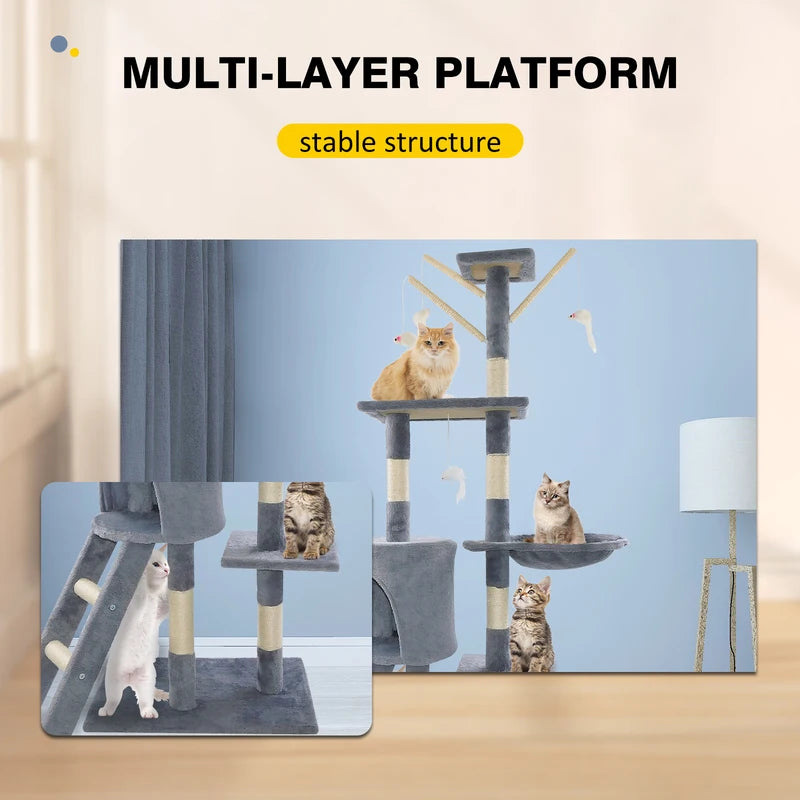 Grey 140 cm cat tree with cave, hammock and scratching posts