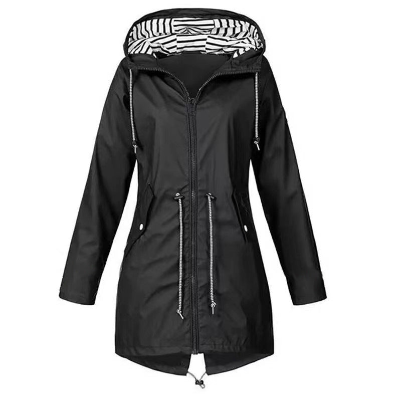 Women's hooded rain jacket with drawstring waist