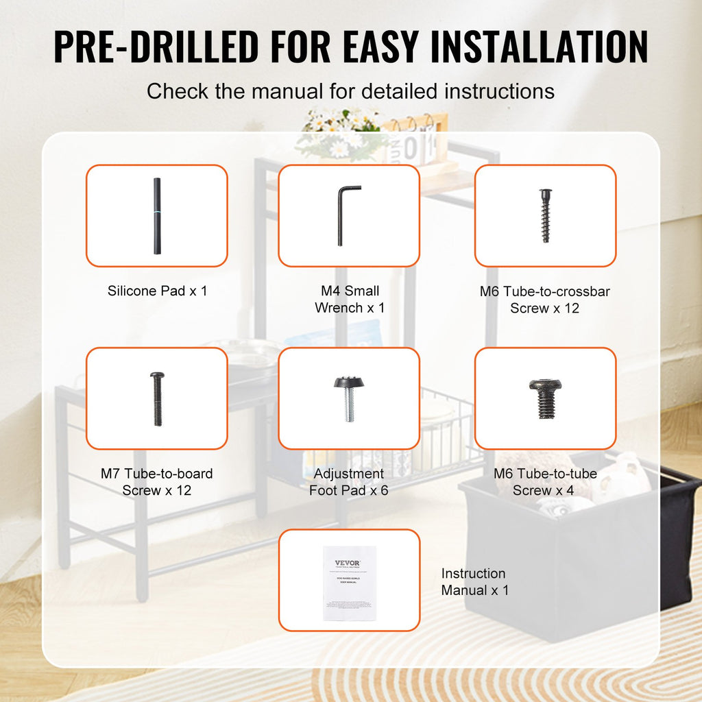 Dog feeding station with raised bowl shelf and storage