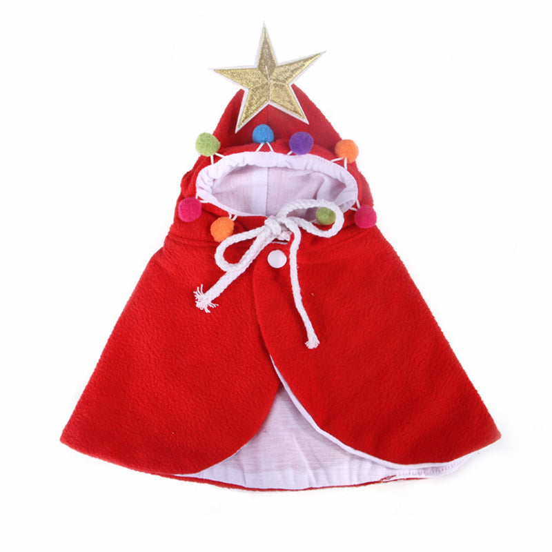 Cat wearing a green Christmas tree cape with pompoms and a star