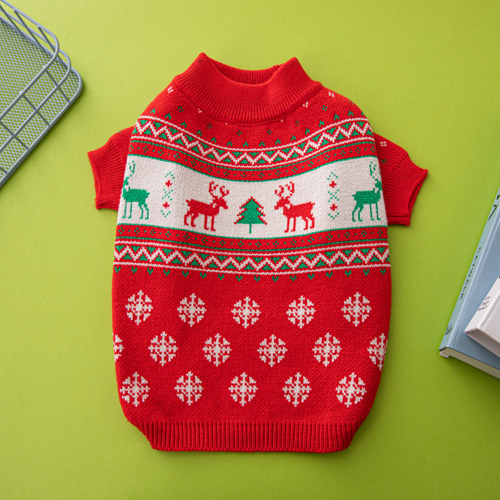 Red knitted Christmas dog jumper with reindeer and tree pattern