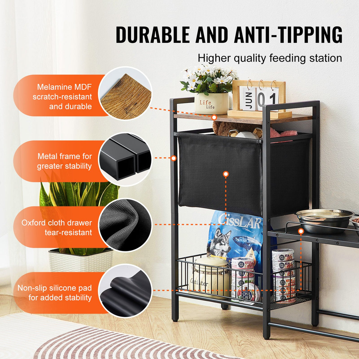 Dog feeding station with raised bowl shelf and storage