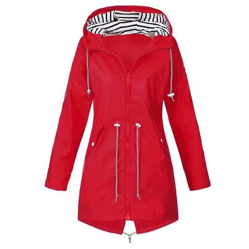 Women's hooded rain jacket with drawstring waist