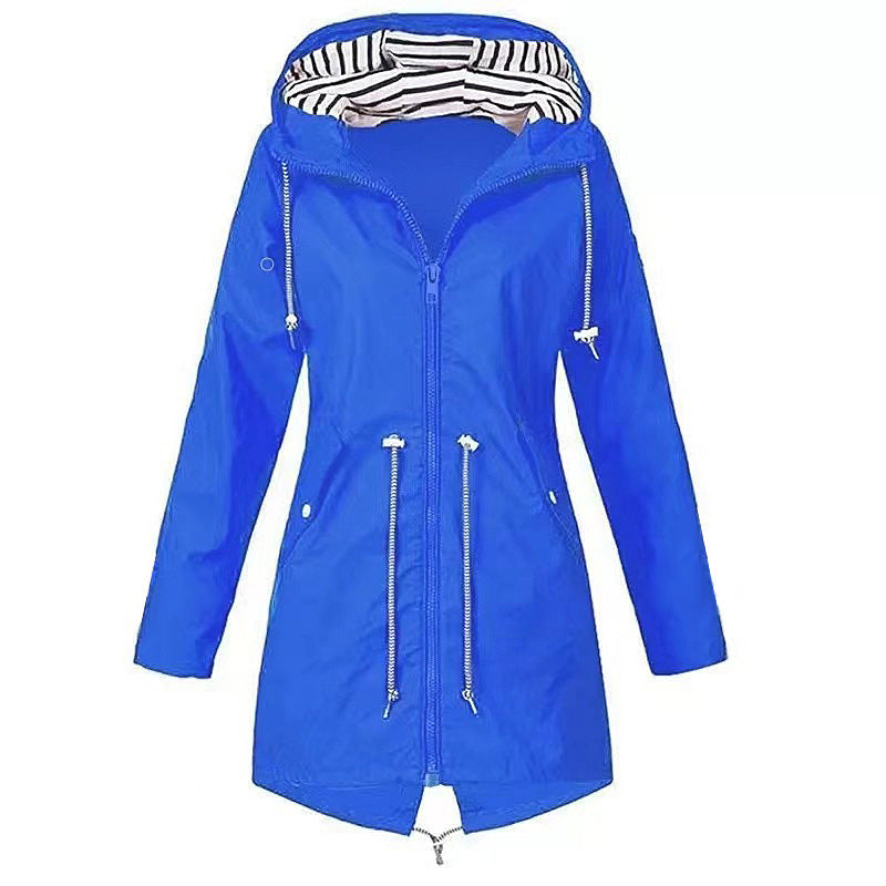 Women's hooded rain jacket with drawstring waist