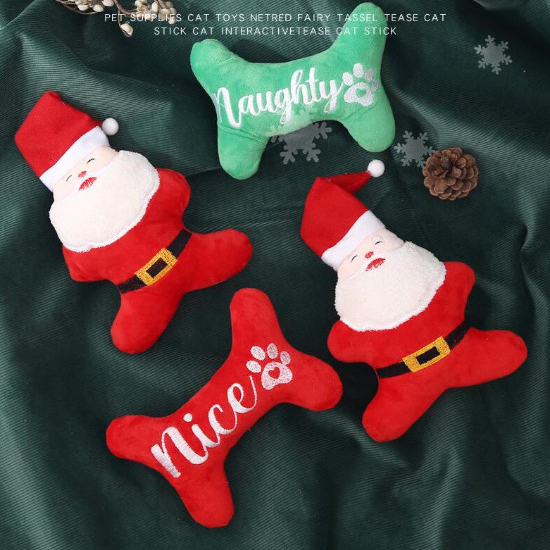 Christmas plush dog toys: Santa, Nice bone and Naughty bone