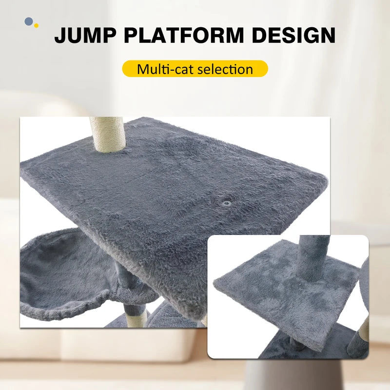 Grey 140 cm cat tree with cave, hammock and scratching posts