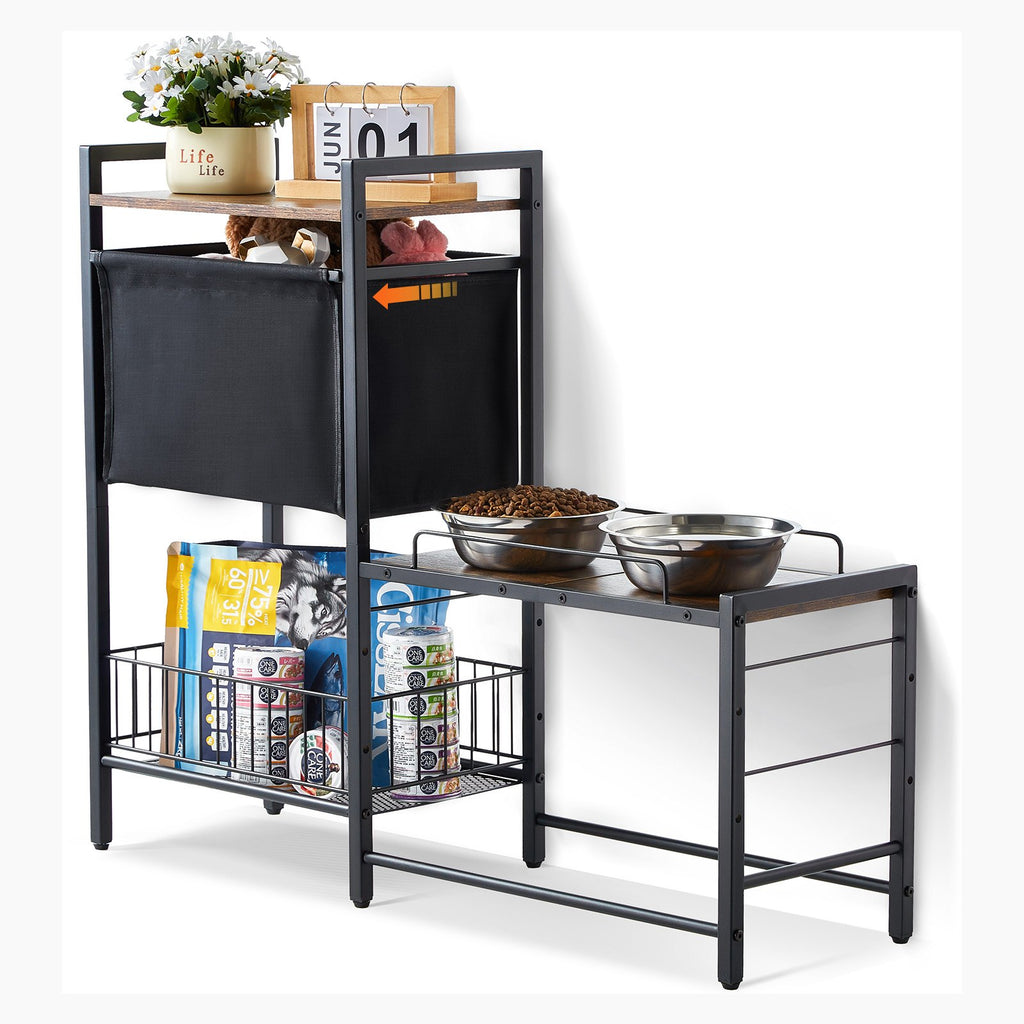 Dog feeding station with raised bowl shelf and storage