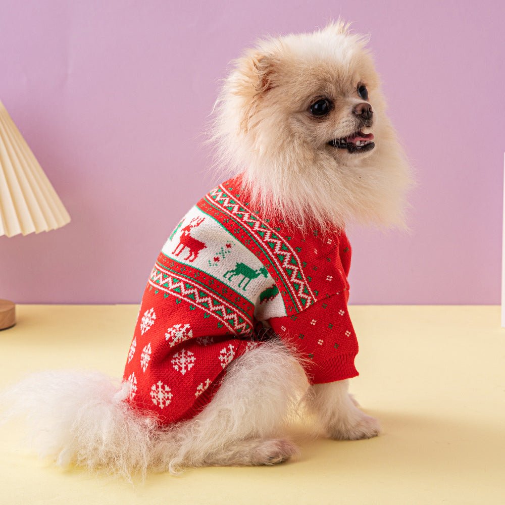 Red knitted Christmas dog jumper with reindeer and tree pattern