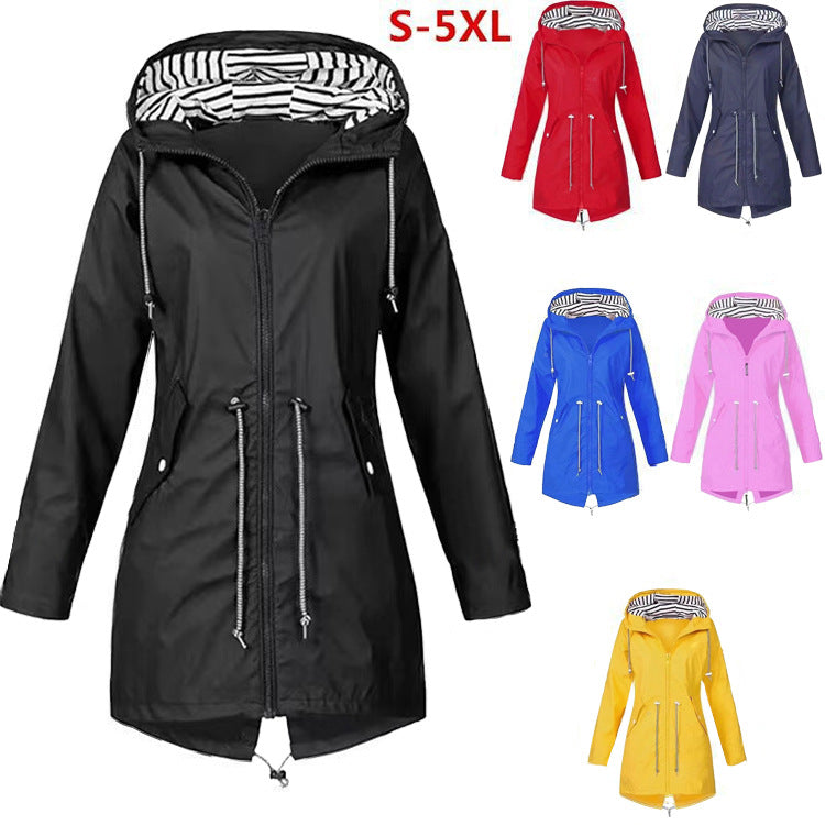 Women's hooded rain jacket with drawstring waist