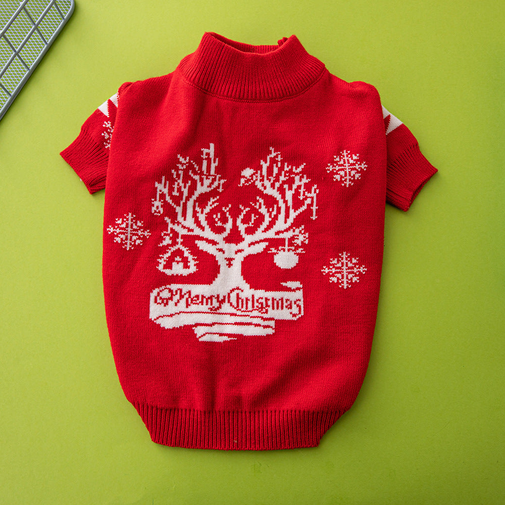 Red knitted Christmas dog jumper with reindeer and tree pattern