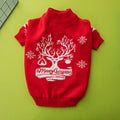 Red knitted Christmas dog jumper with reindeer and tree pattern