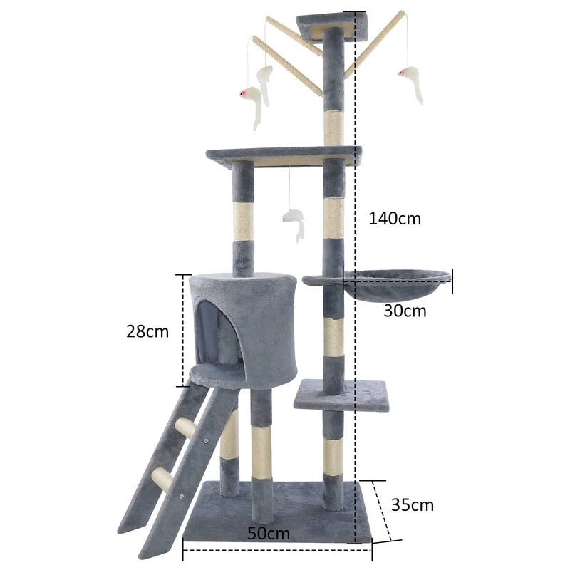 Grey 140 cm cat tree with cave, hammock and scratching posts
