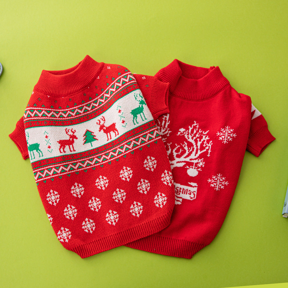 Red knitted Christmas dog jumper with reindeer and tree pattern